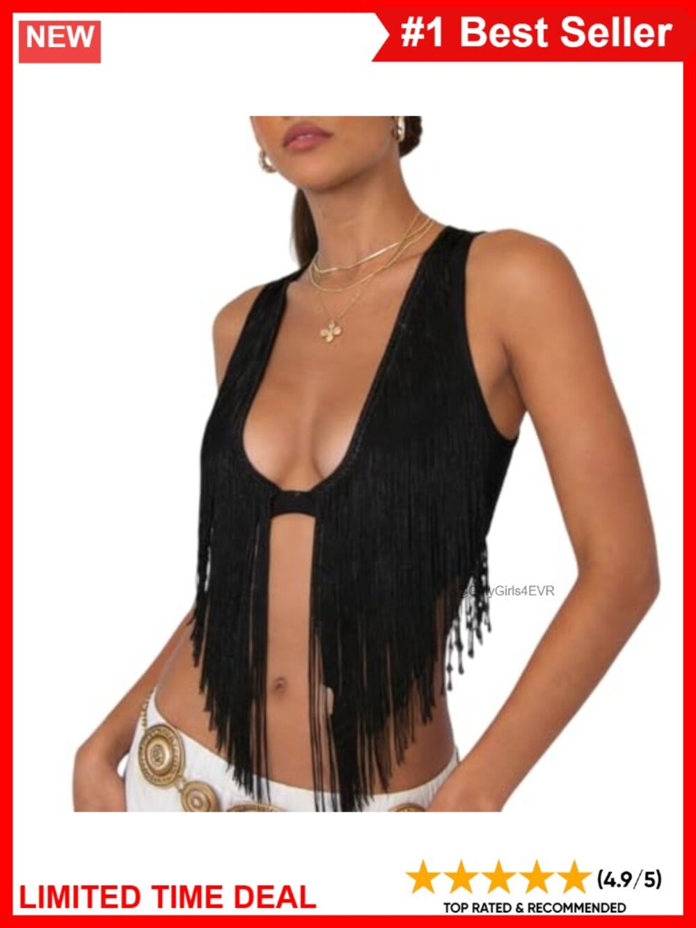 Sleeveless Deep V Neck Fringe Crop Top